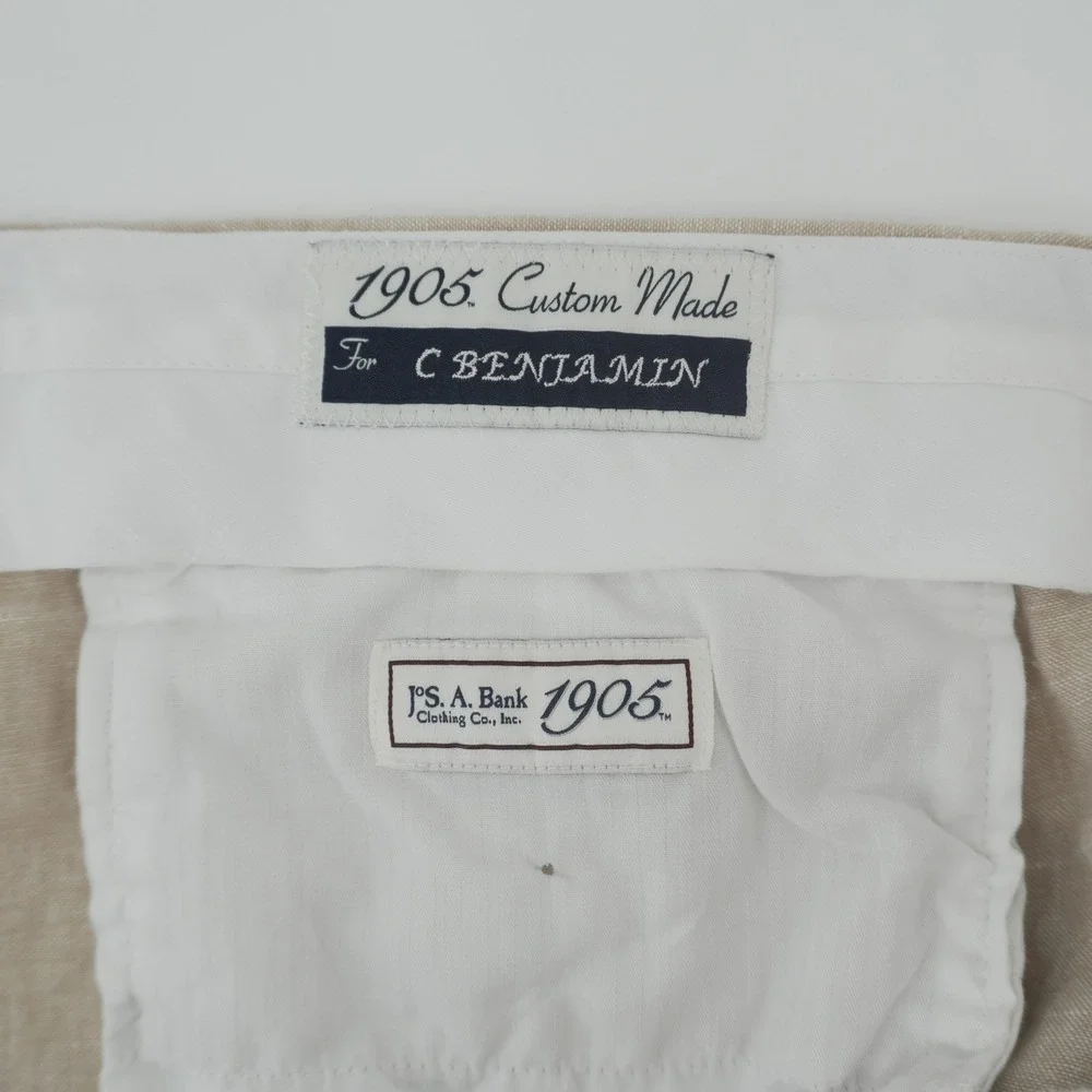 Jos A Bank Pants Mens 42L Beige 100% Linen 1905 Custom Made Flat Front Trousers